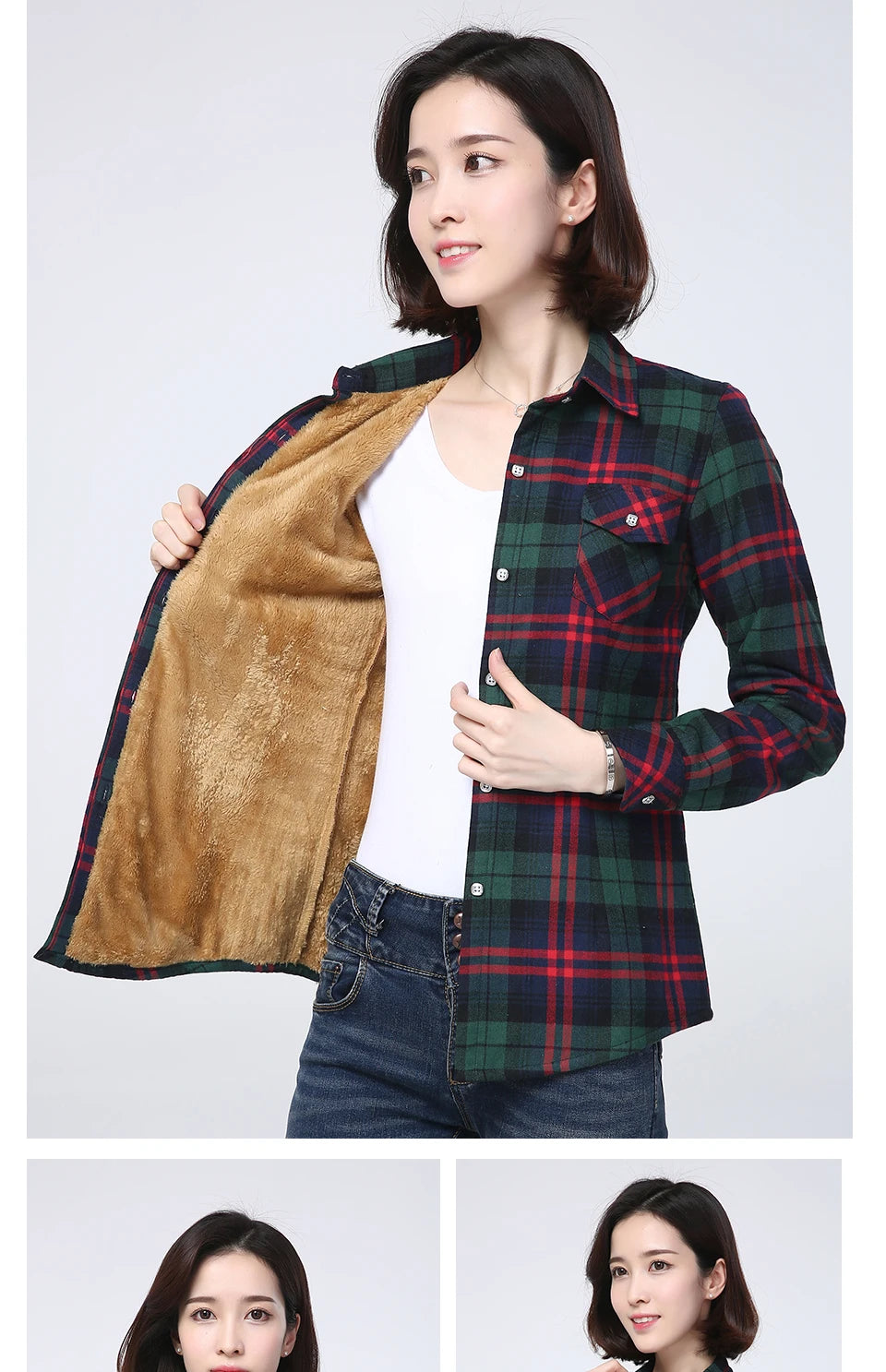 Women's Warm Fleece-Lined Plaid Shirt