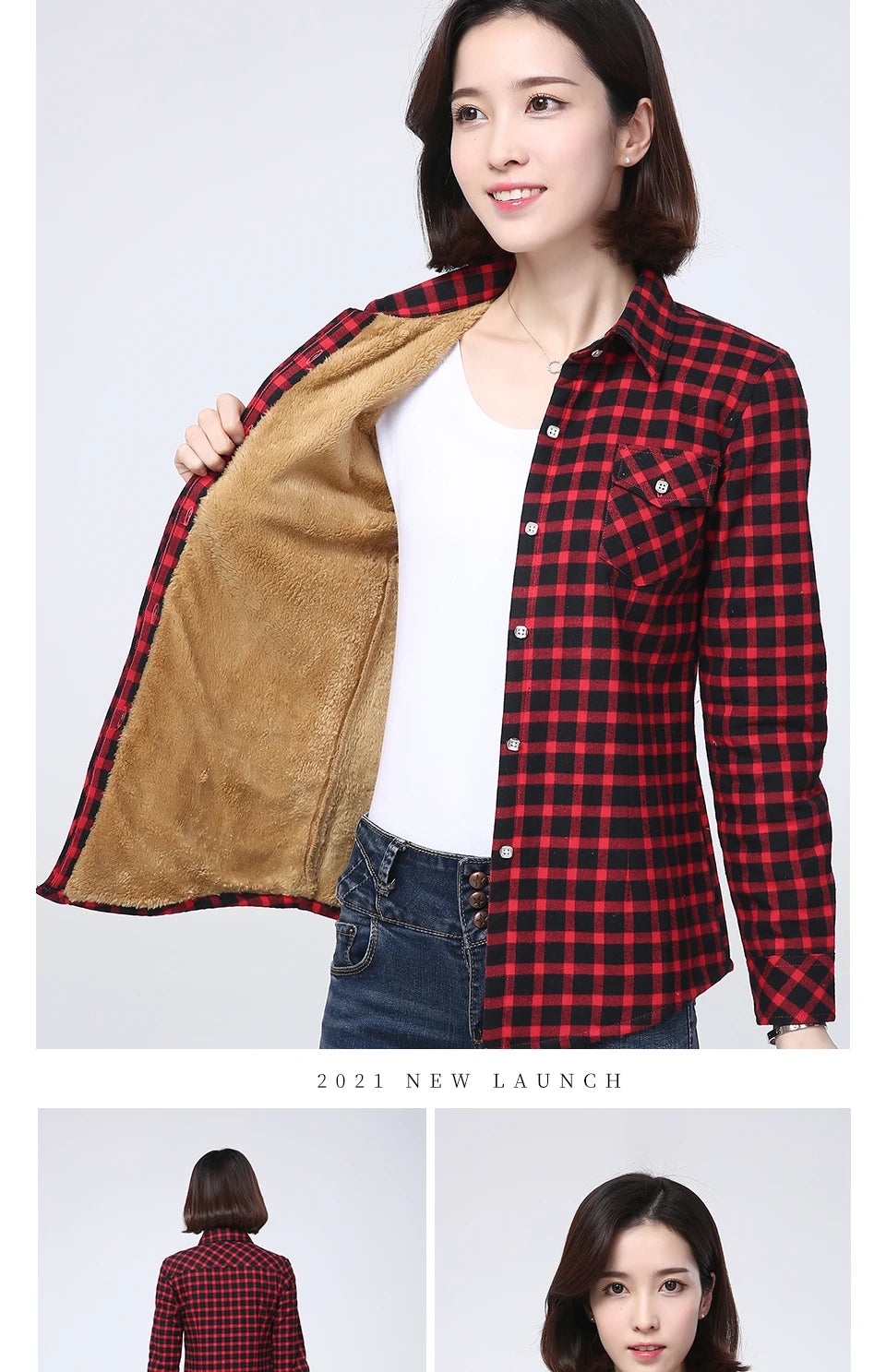 Women's Warm Fleece-Lined Plaid Shirt
