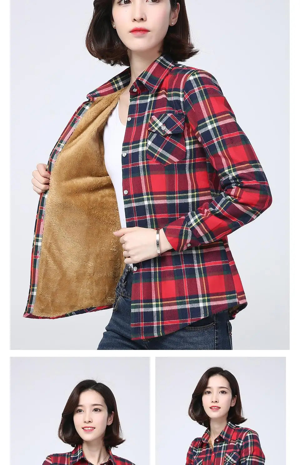 Women's Warm Fleece-Lined Plaid Shirt