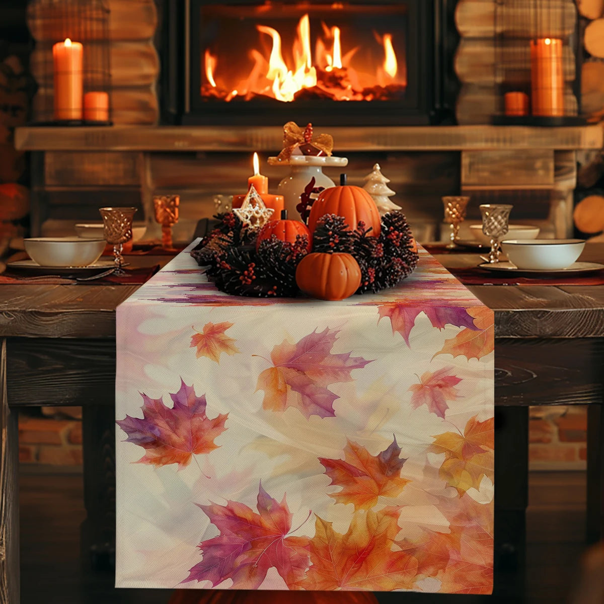 Autumn Maple Watercolor Table Runner