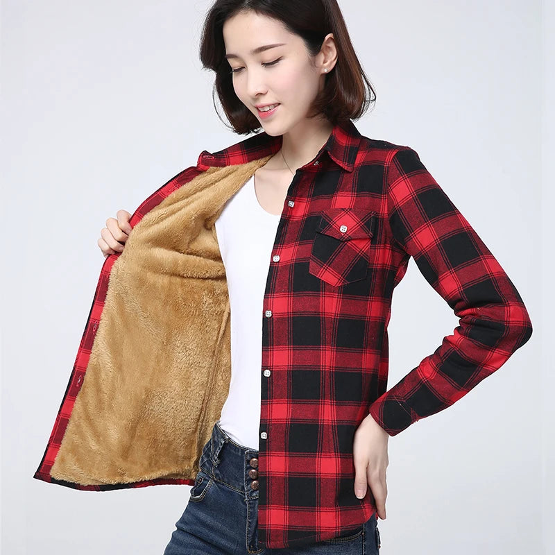 Women's Warm Fleece-Lined Plaid Shirt