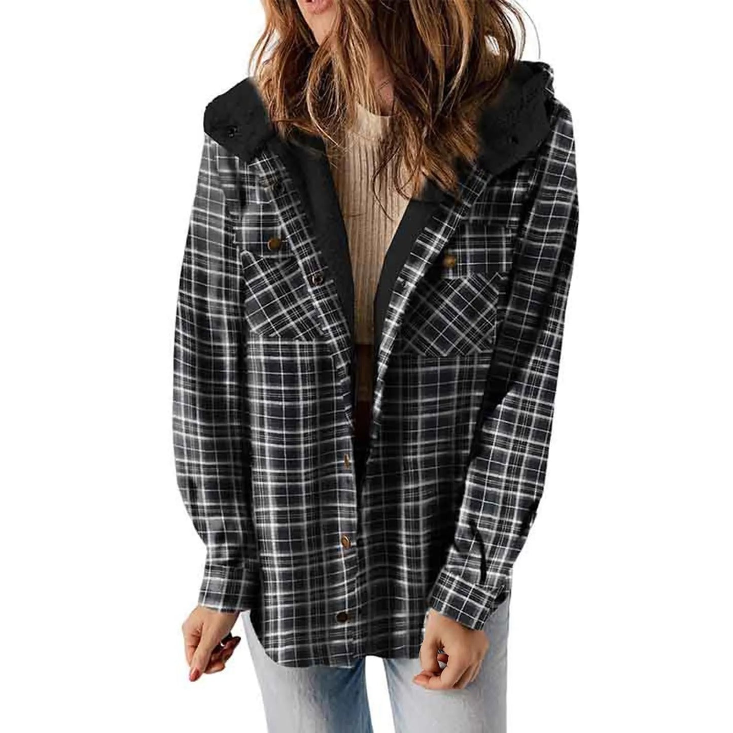 The Viral Women's Plaid Fleece Hooded Shacket- Grey, Brown, Khaki or Black