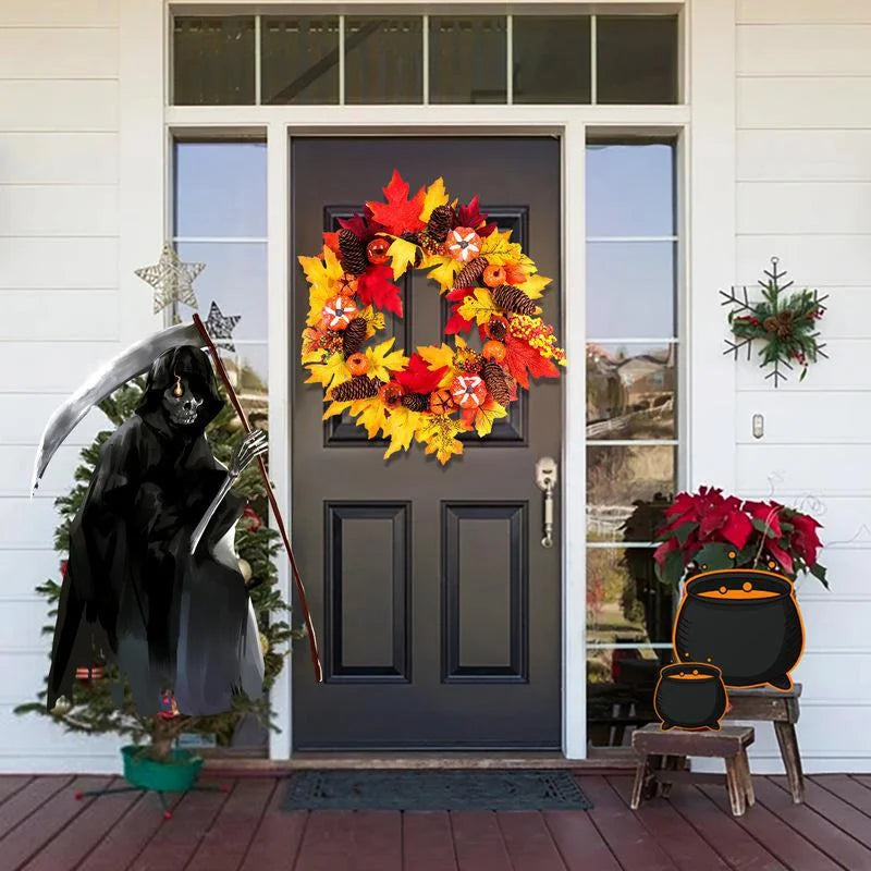 Thanksgiving Wreath with Berries, Pine Cones, Pumpkins & Maple Leaves