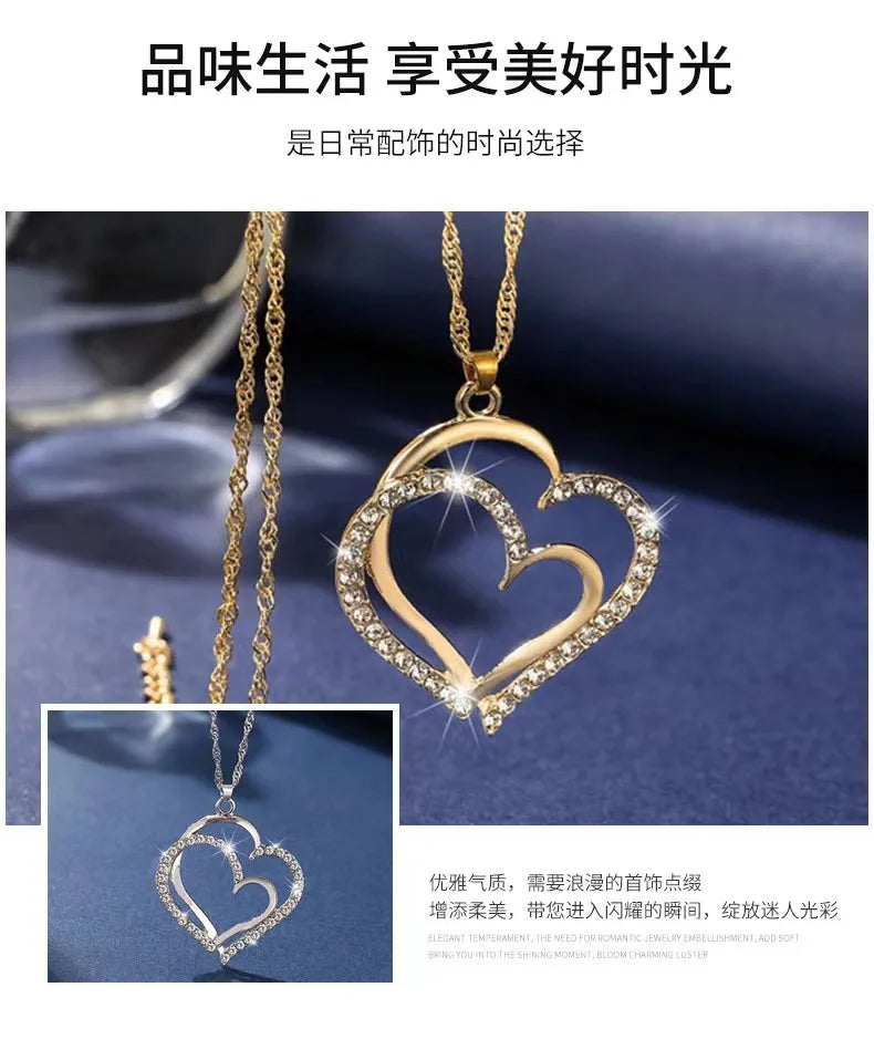 Double Heart Set of Four Necklace, Earrings & Bracelet Jewelry Set