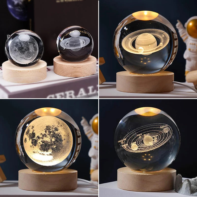 Luminous 3D Crystal Ball LED Night Light with Saturn, Moon, Galaxy or Solar System