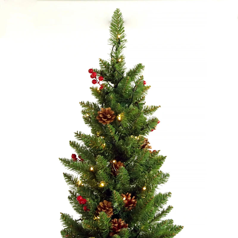 Christmas Tree 7.5 Pre-lit Pencil Slim Fir Tree with Cones and Berries