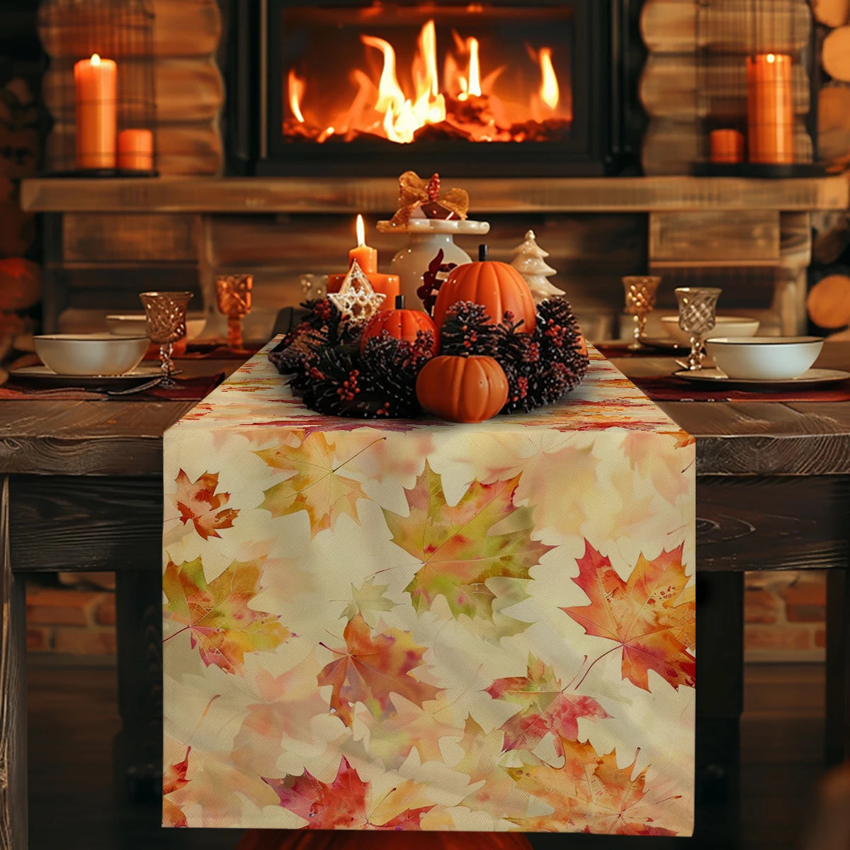 Autumn Maple Watercolor Table Runner