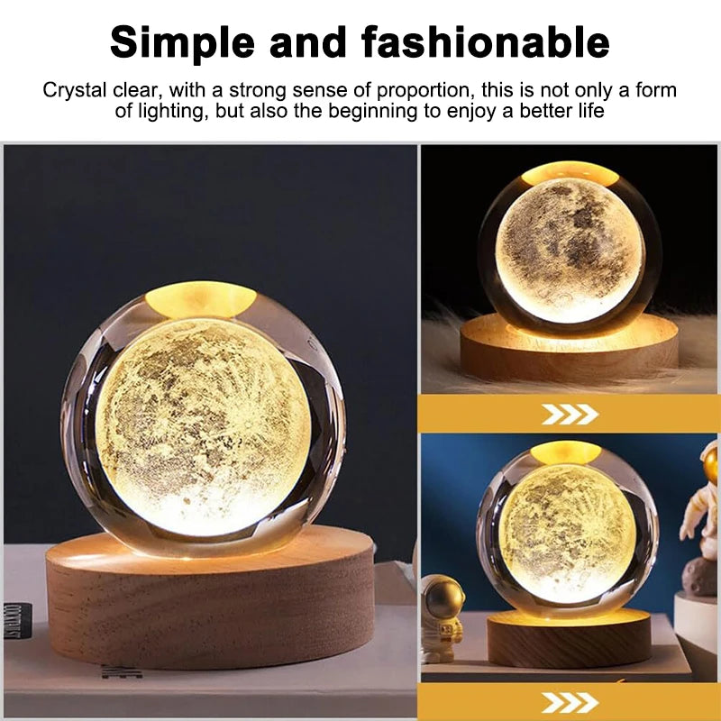 Luminous 3D Crystal Ball LED Night Light with Saturn, Moon, Galaxy or Solar System