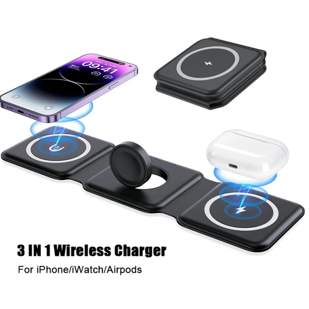 3 in 1 Wireless Fast & Foldable Charging Pad for Traveling- iPhone 15 14 13 12Pro Max, Airpods & iWatch