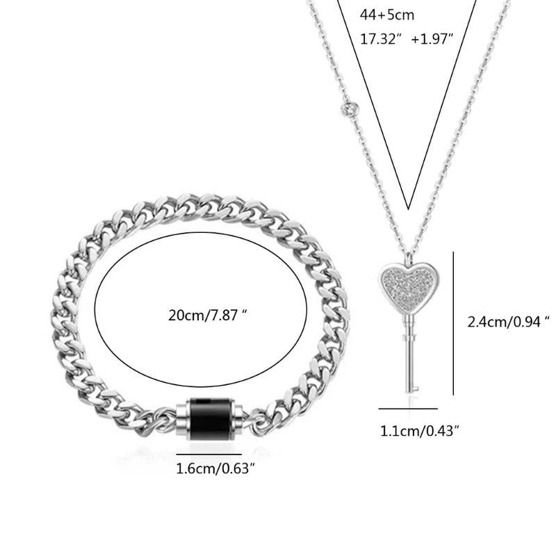 His and Hers Matching Couple Bracelet Necklace Set β Lock & Key Pendant Jewelry