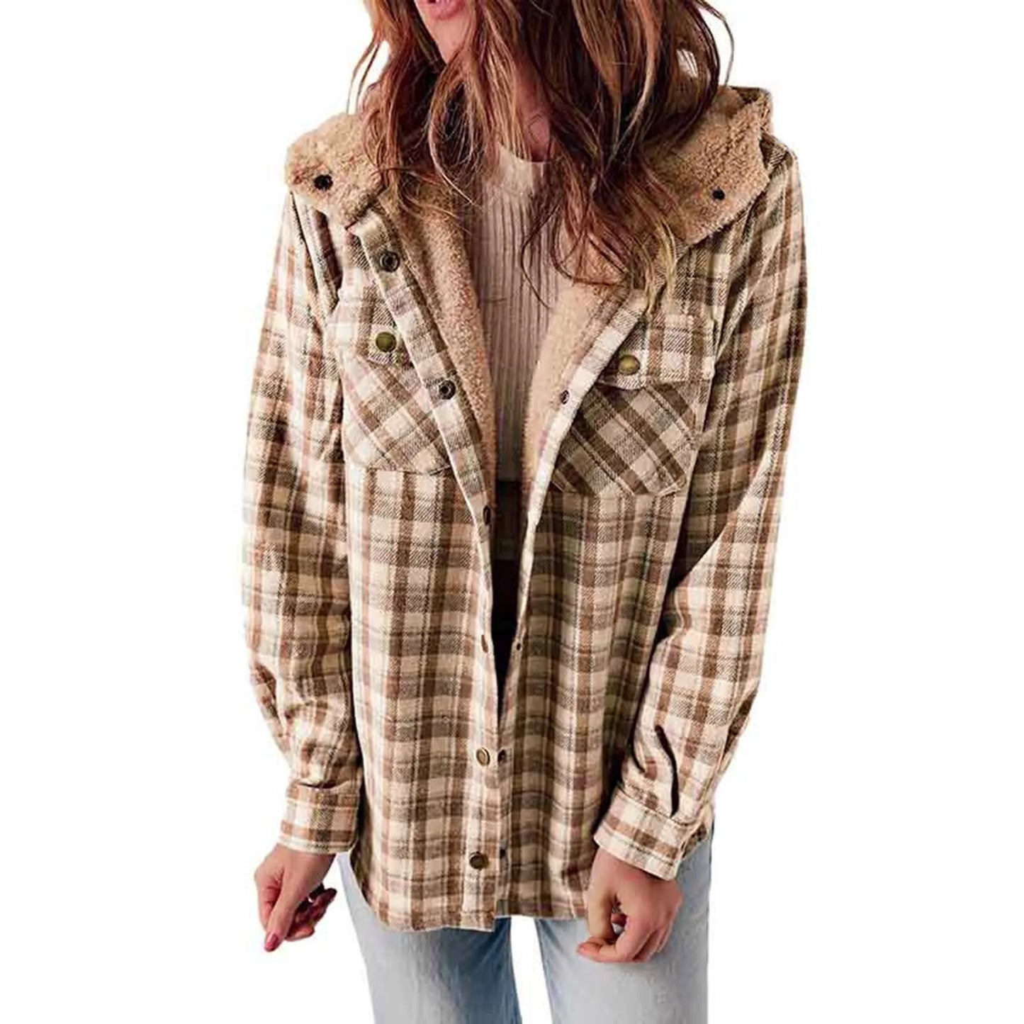 The Viral Women's Plaid Fleece Hooded Shacket- Grey, Brown, Khaki or Black