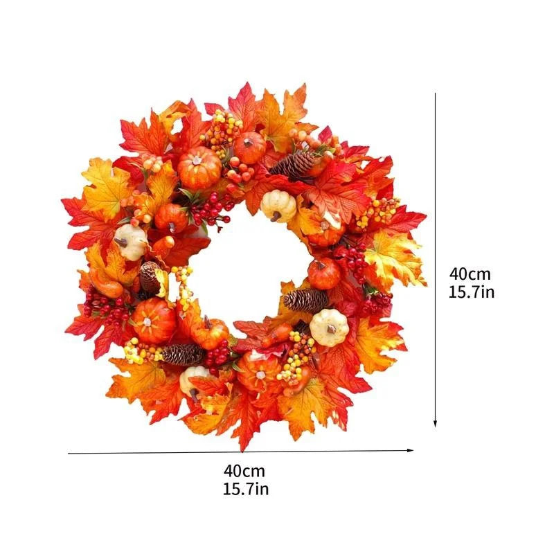 Thanksgiving Wreath with Berries, Pine Cones, Pumpkins & Maple Leaves