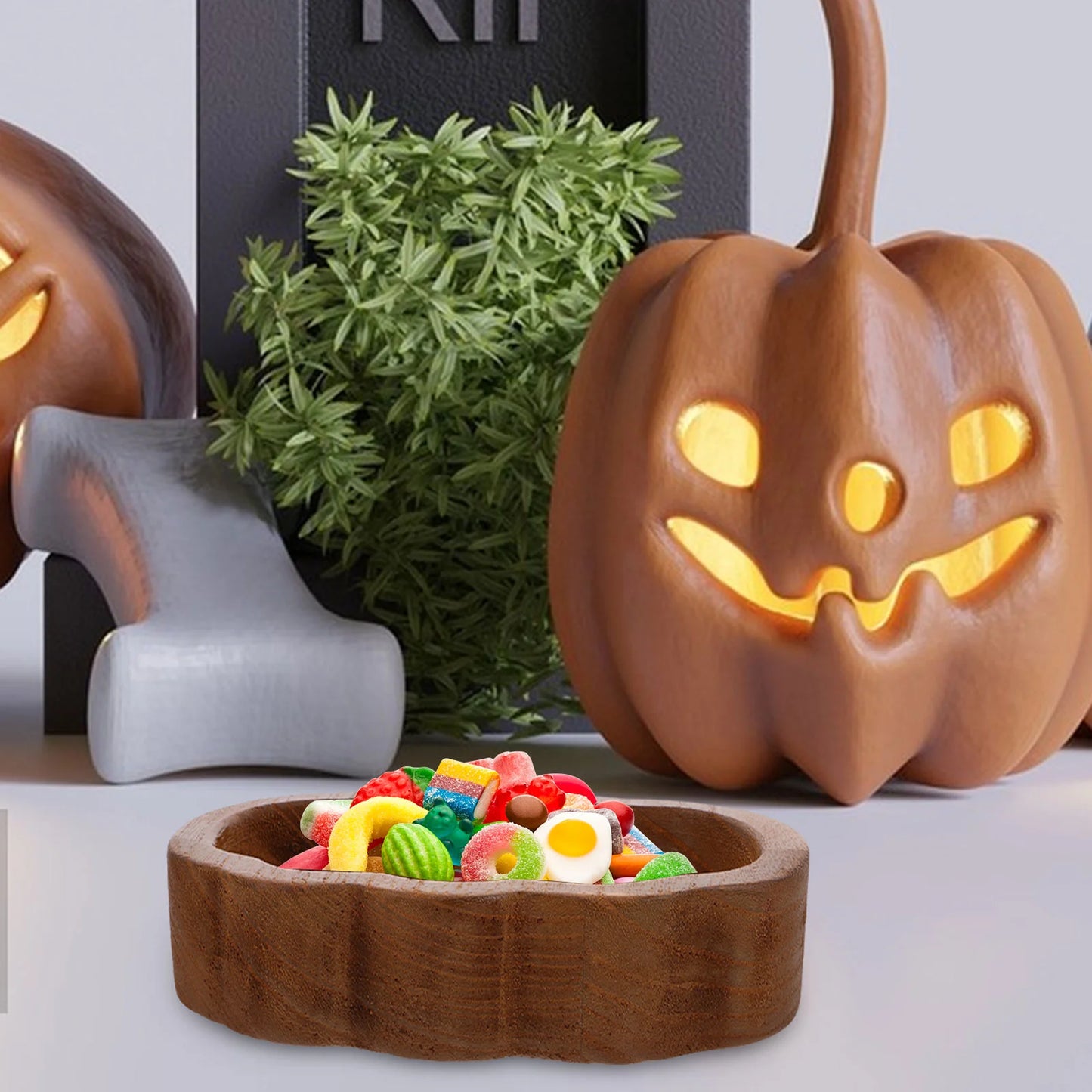 Pumpkin Shaped Wooden Bowl, white & brown
