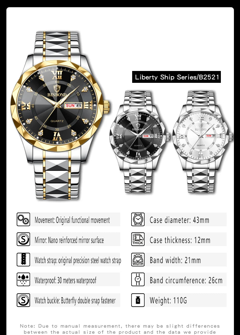 Luxury Quartz Waterproof Men's Watch with Week & Date Displays