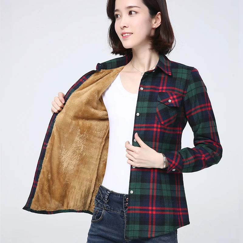 Women's Warm Fleece-Lined Plaid Shirt