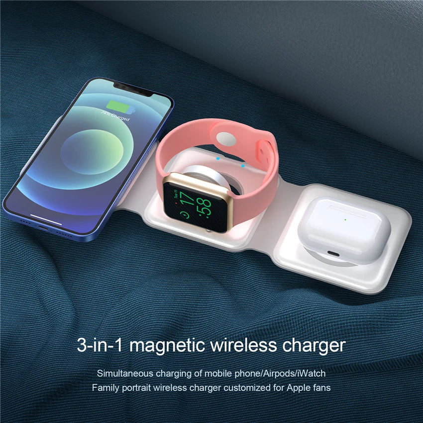3 in 1 Wireless Fast & Foldable Charging Pad for Traveling- iPhone 15 14 13 12Pro Max, Airpods & iWatch