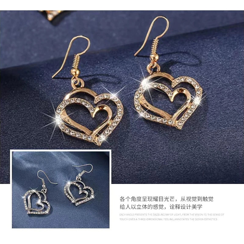 Double Heart Set of Four Necklace, Earrings & Bracelet Jewelry Set