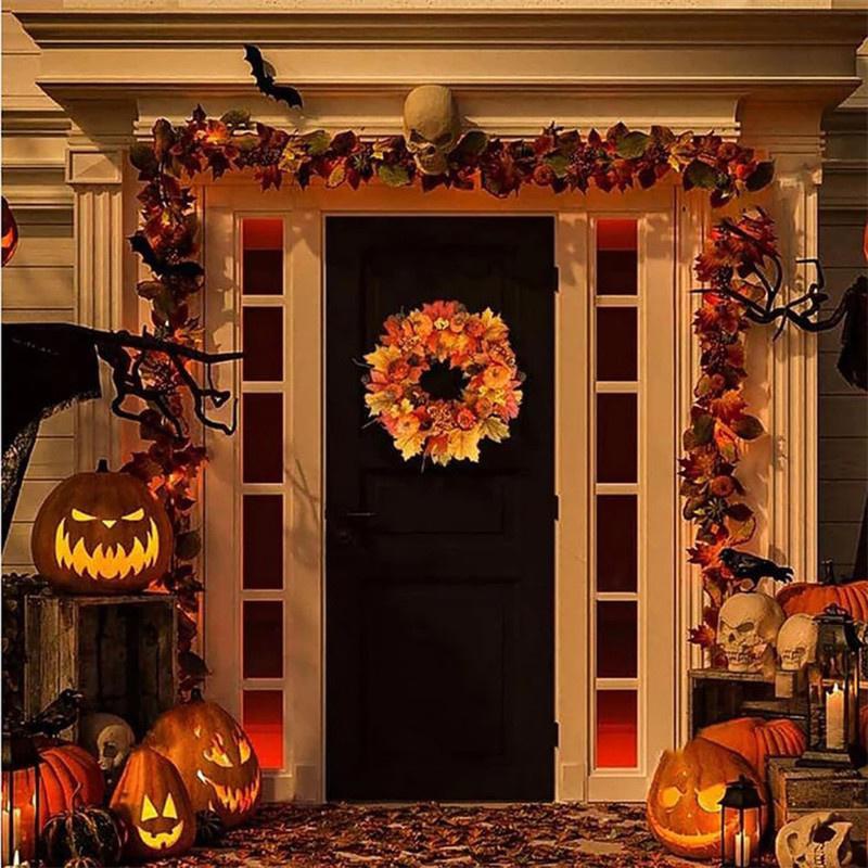 Thanksgiving Wreath with Berries, Pine Cones, Pumpkins & Maple Leaves