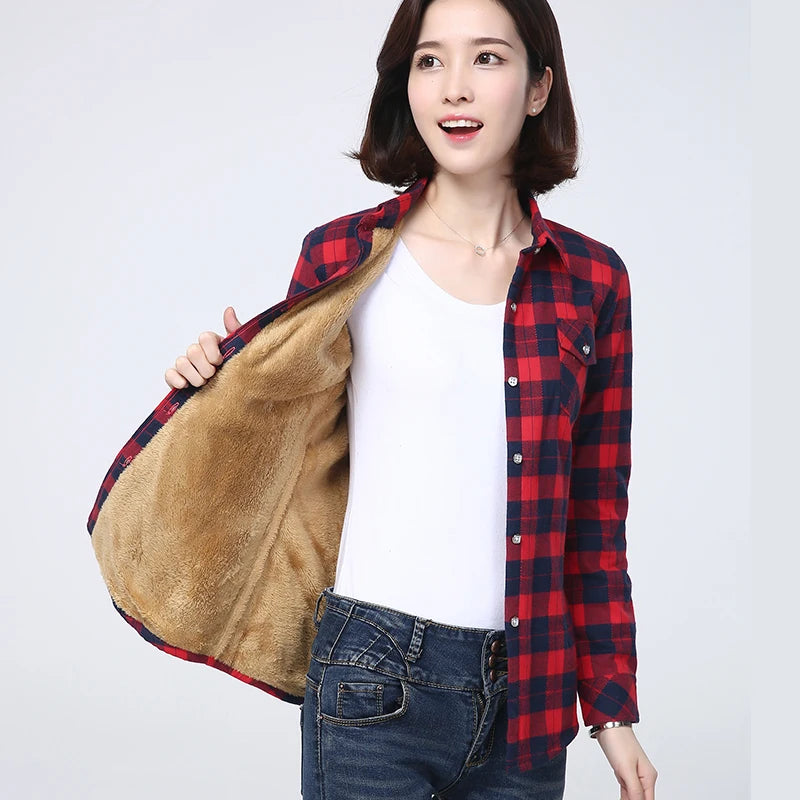 Women's Warm Fleece-Lined Plaid Shirt
