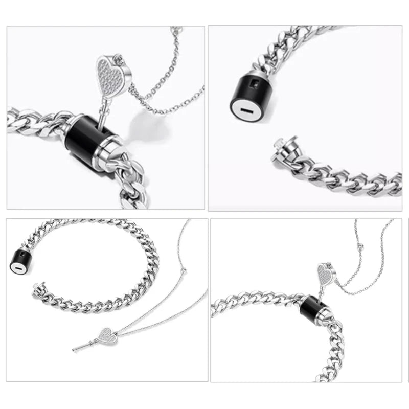 His and Hers Matching Couple Bracelet Necklace Set β Lock & Key Pendant Jewelry