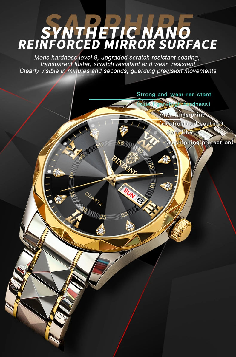 Luxury Quartz Waterproof Men's Watch with Week & Date Displays
