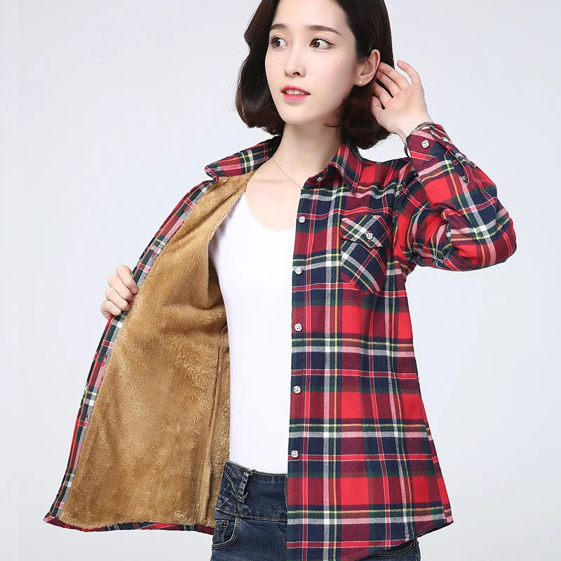 Women's Warm Fleece-Lined Plaid Shirt