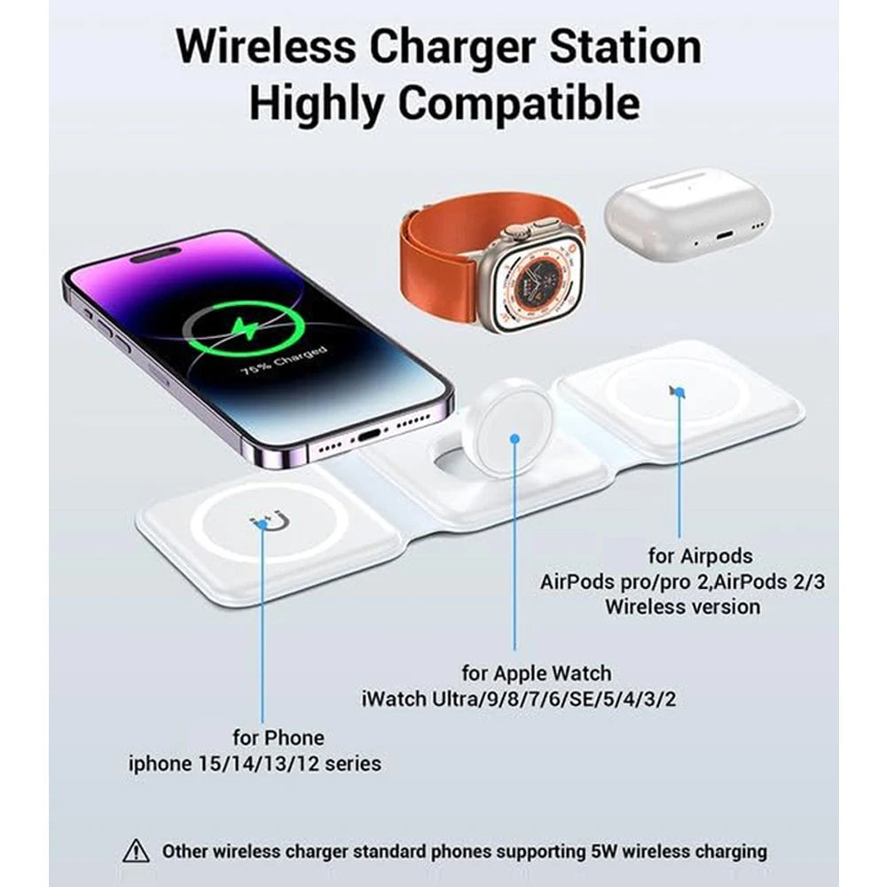 3 in 1 Wireless Fast & Foldable Charging Pad for Traveling- iPhone 15 14 13 12Pro Max, Airpods & iWatch