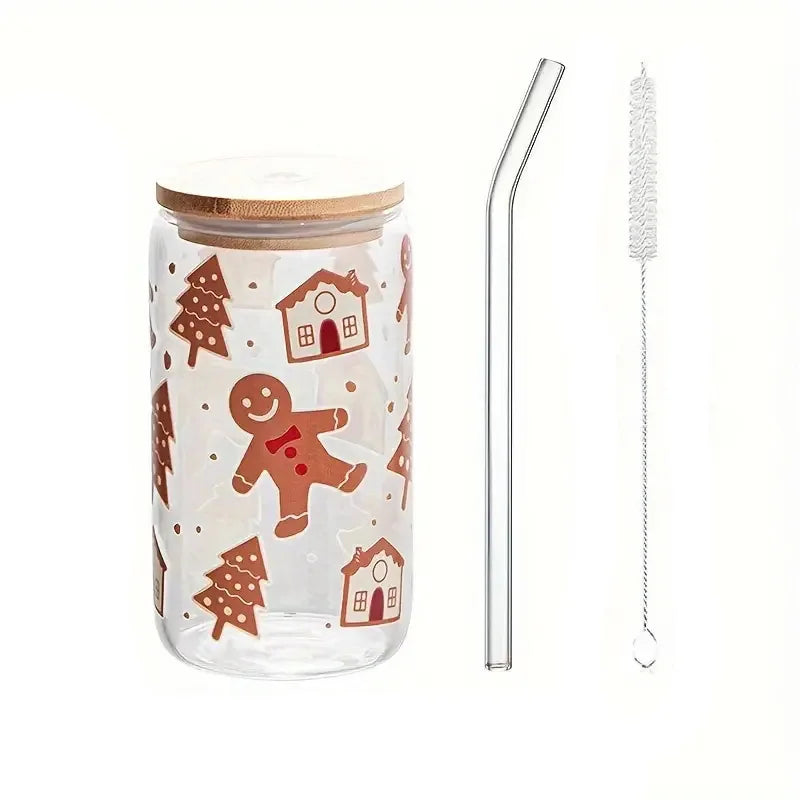 16oz Gingerbread Man Pattern Drinking Glass With Bamboo Lid
