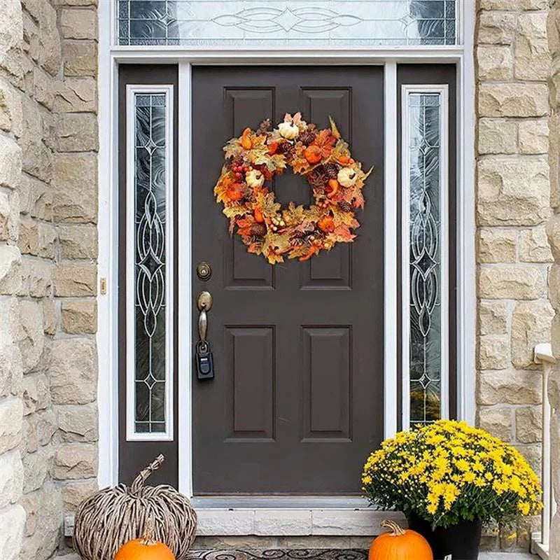 Thanksgiving Wreath with Berries, Pine Cones, Pumpkins & Maple Leaves