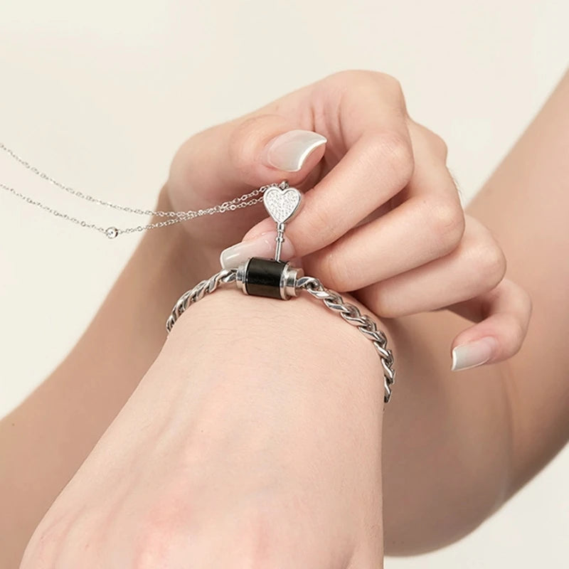 His and Hers Matching Couple Bracelet Necklace Set β Lock & Key Pendant Jewelry