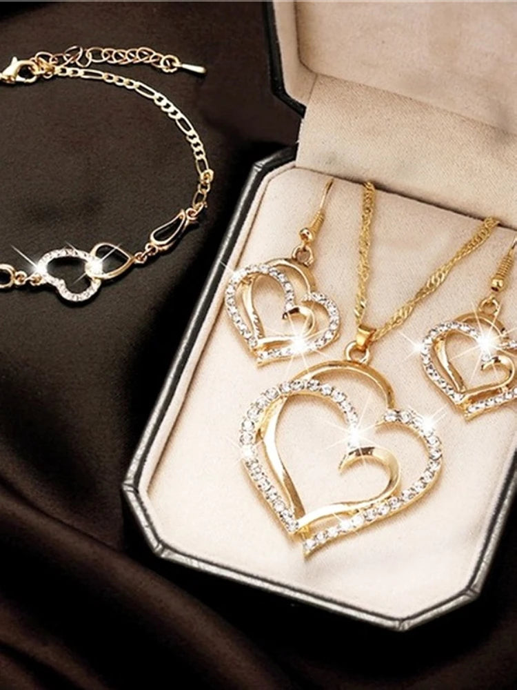 Double Heart Set of Four Necklace, Earrings & Bracelet Jewelry Set