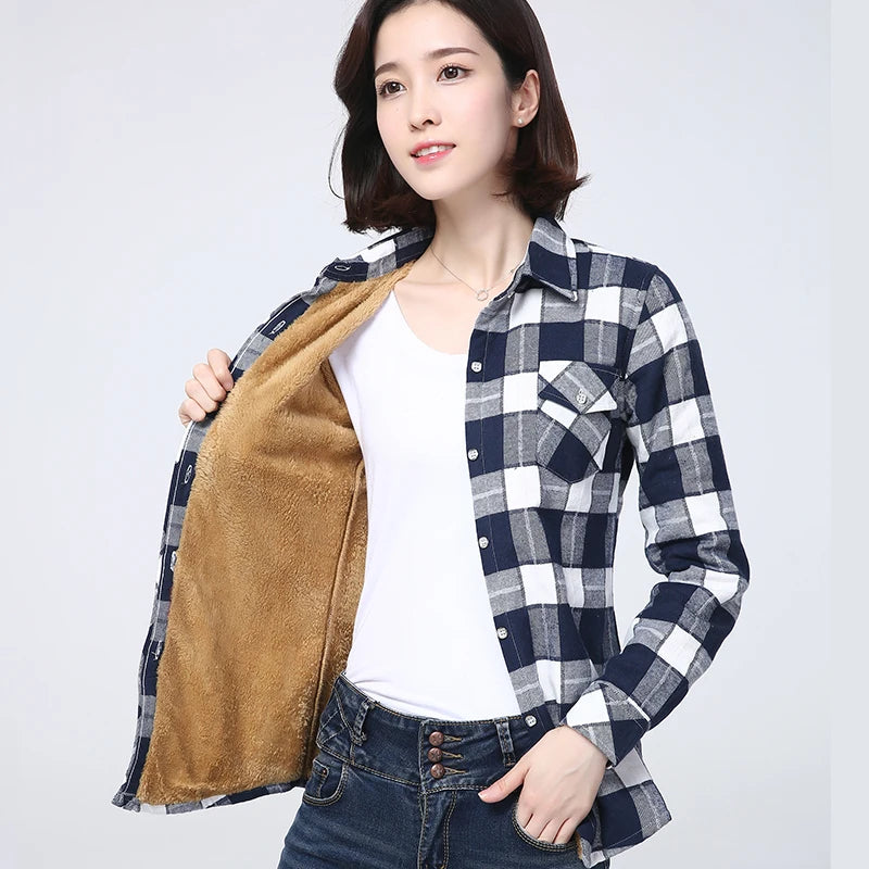 Women's Warm Fleece-Lined Plaid Shirt