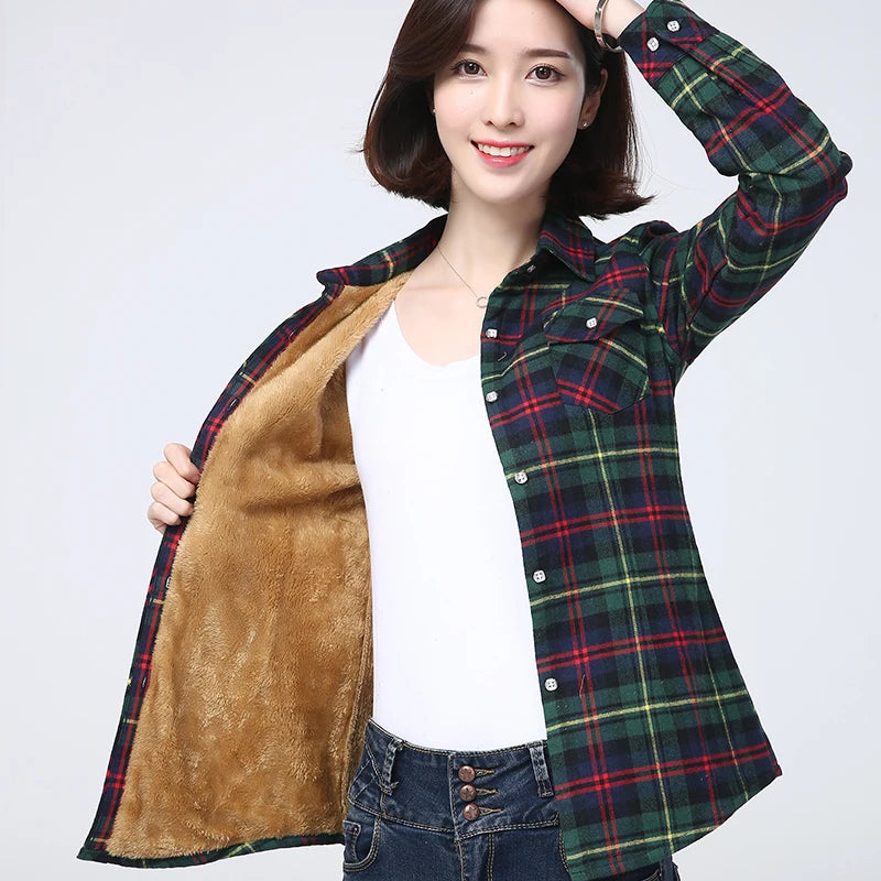Women's Warm Fleece-Lined Plaid Shirt