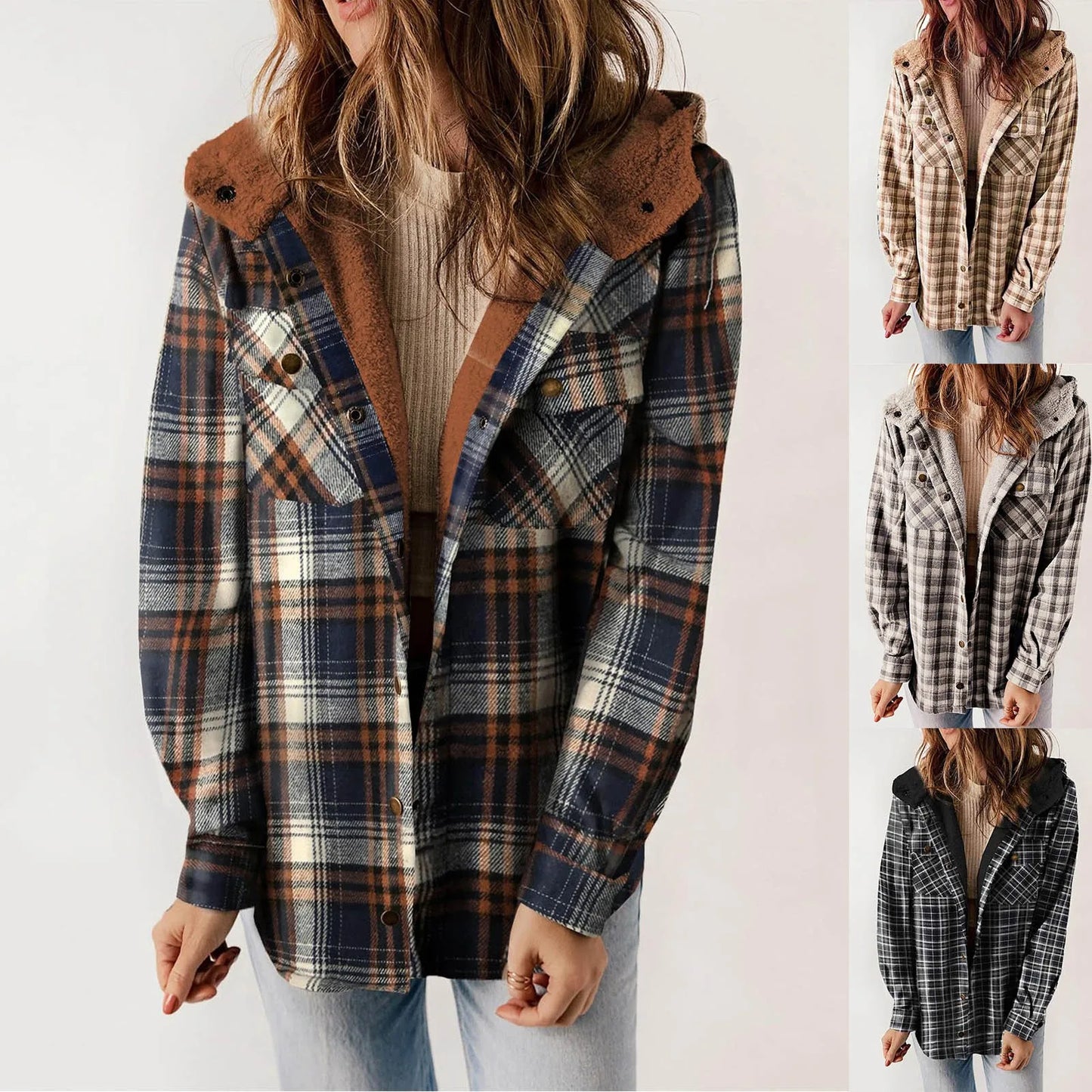 The Viral Women's Plaid Fleece Hooded Shacket- Grey, Brown, Khaki or Black