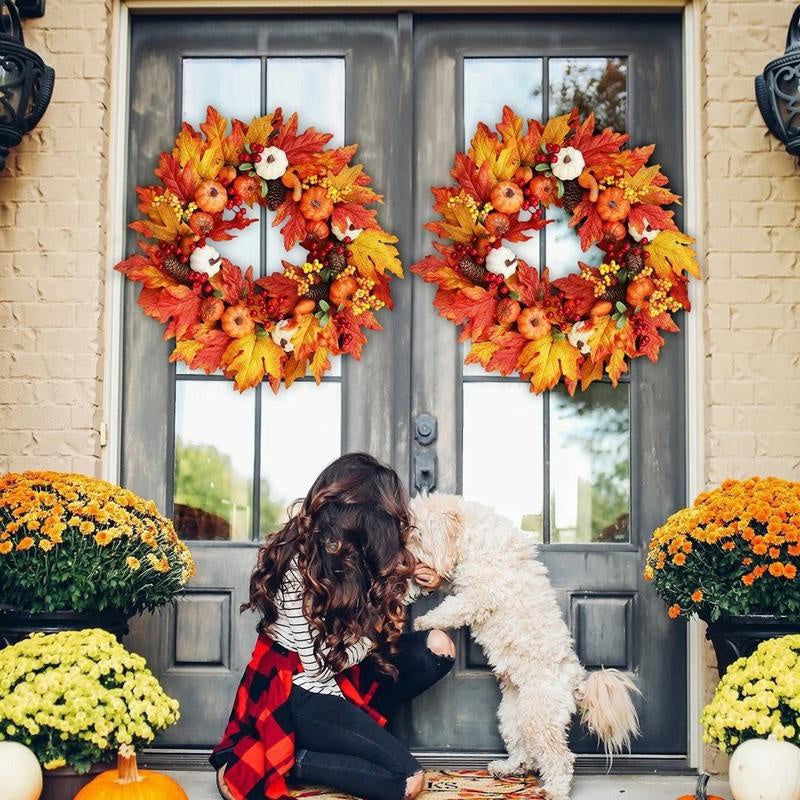 Thanksgiving Wreath with Berries, Pine Cones, Pumpkins & Maple Leaves