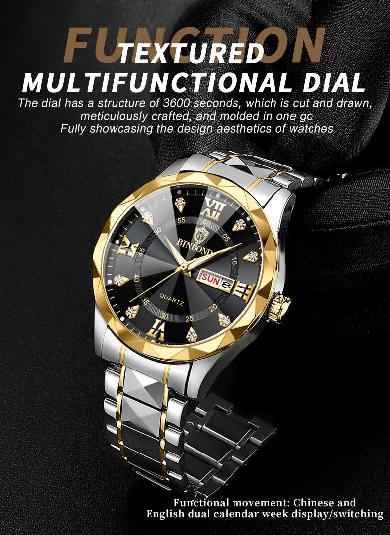 Luxury Quartz Waterproof Men's Watch with Week & Date Displays