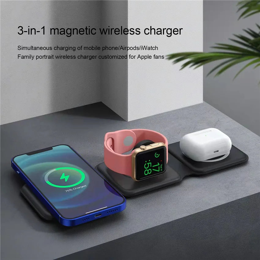 3 in 1 Wireless Fast & Foldable Charging Pad for Traveling- iPhone 15 14 13 12Pro Max, Airpods & iWatch