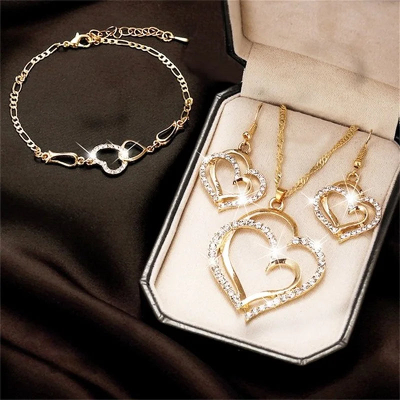 Double Heart Set of Four Necklace, Earrings & Bracelet Jewelry Set