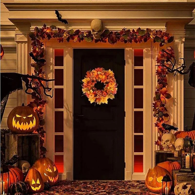 Thanksgiving Wreath with Berries, Pine Cones, Pumpkins & Maple Leaves