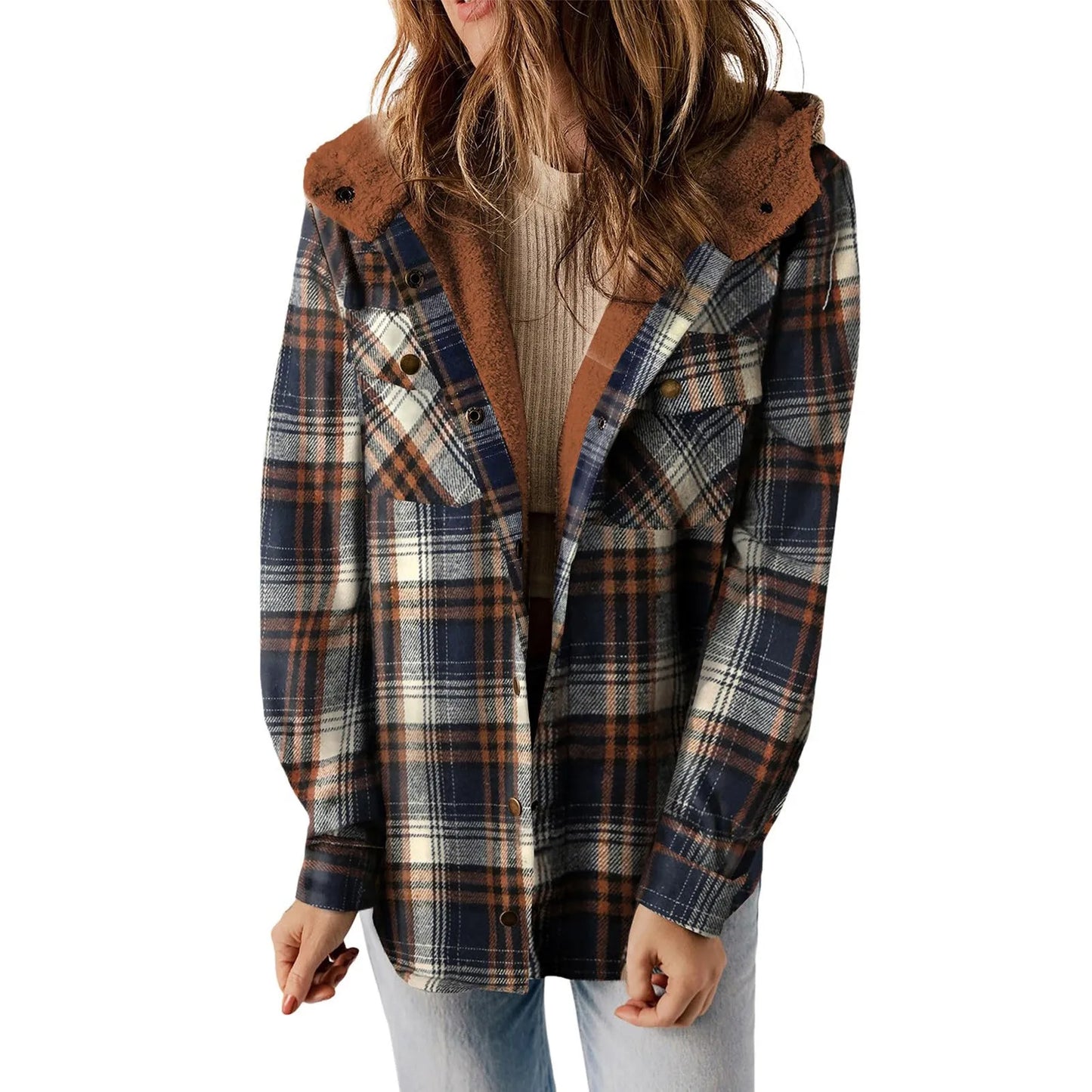 The Viral Women's Plaid Fleece Hooded Shacket- Grey, Brown, Khaki or Black