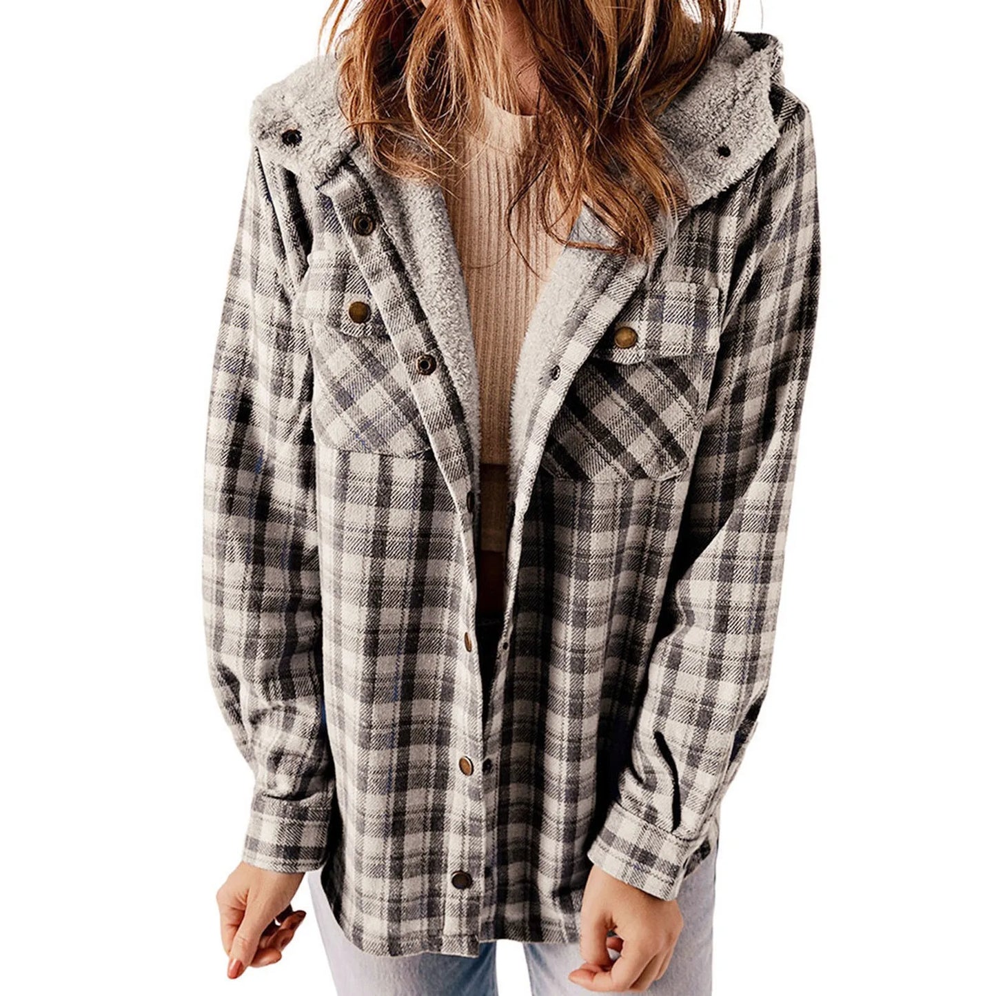 The Viral Women's Plaid Fleece Hooded Shacket- Grey, Brown, Khaki or Black