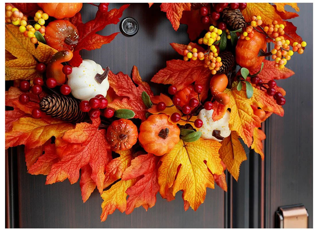 Thanksgiving Wreath with Berries, Pine Cones, Pumpkins & Maple Leaves