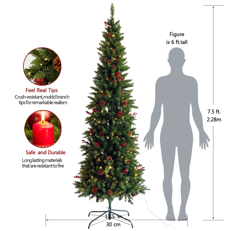 Christmas Tree 7.5 Pre-lit Pencil Slim Fir Tree with Cones and Berries