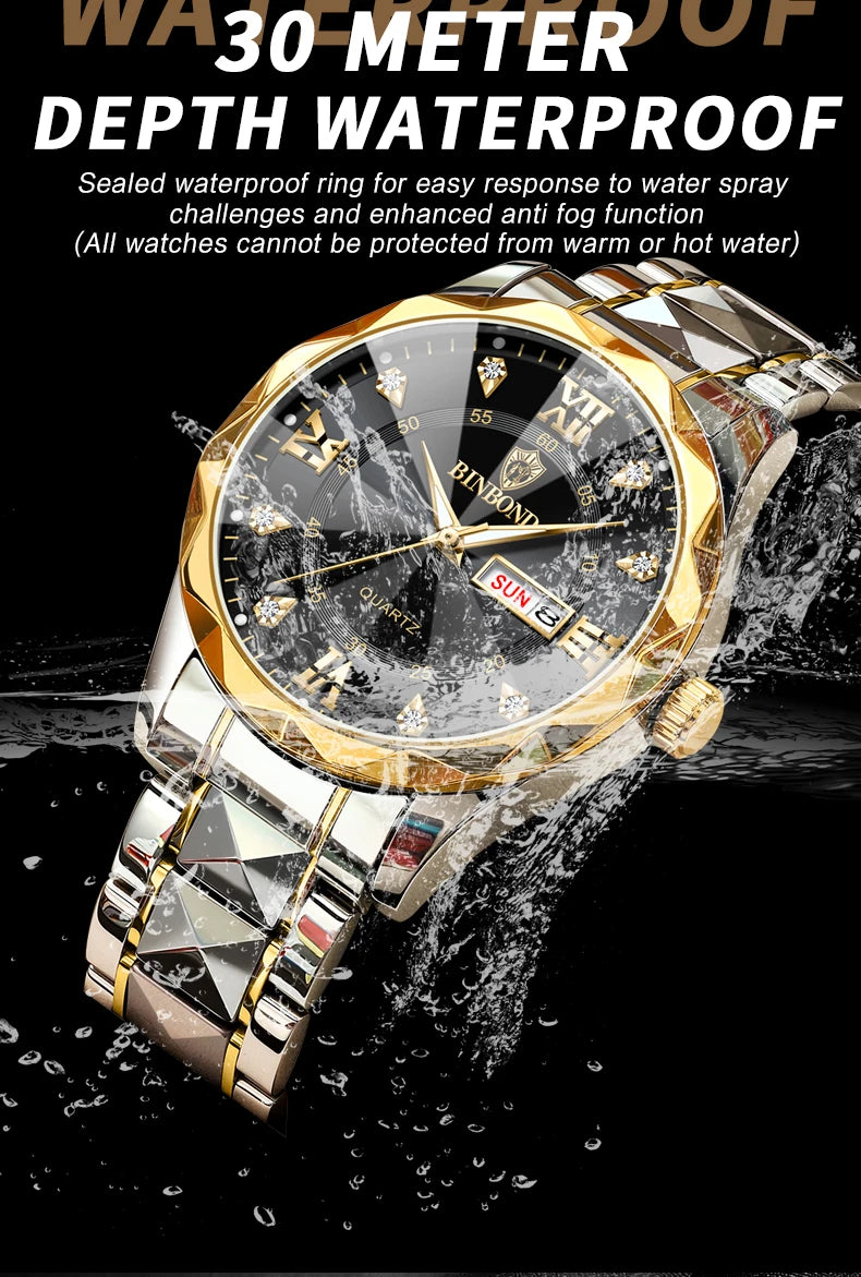 Luxury Quartz Waterproof Men's Watch with Week & Date Displays