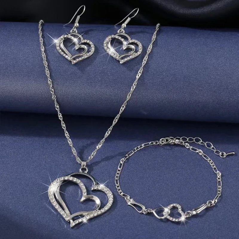 Double Heart Set of Four Necklace, Earrings & Bracelet Jewelry Set