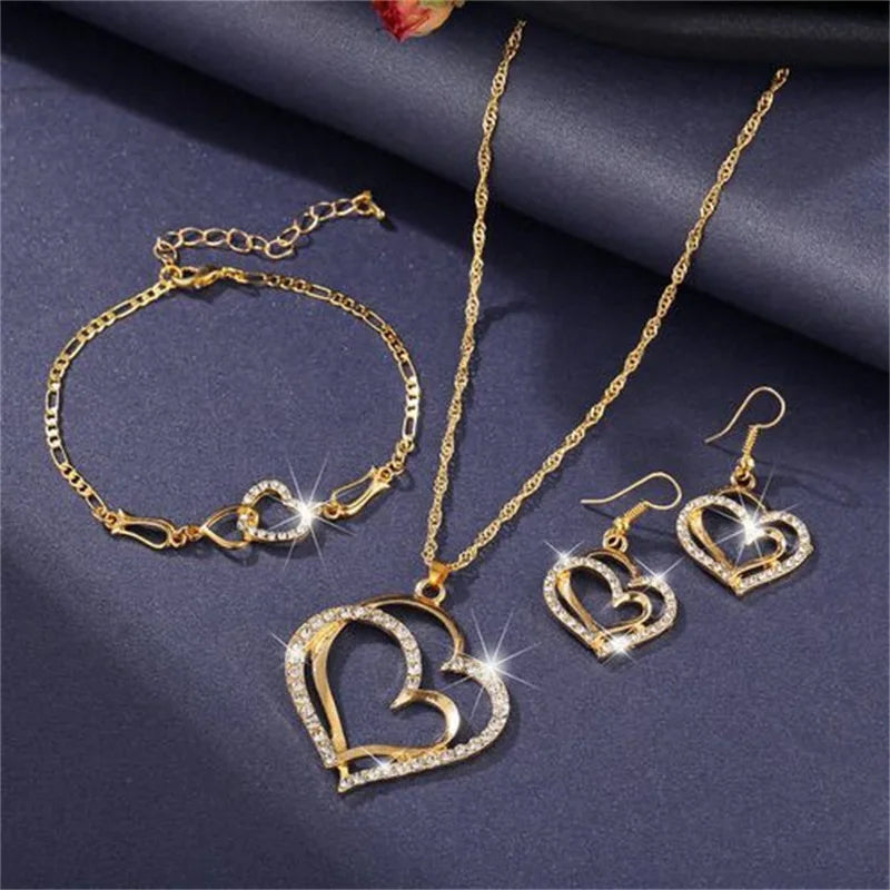 Double Heart Set of Four Necklace, Earrings & Bracelet Jewelry Set