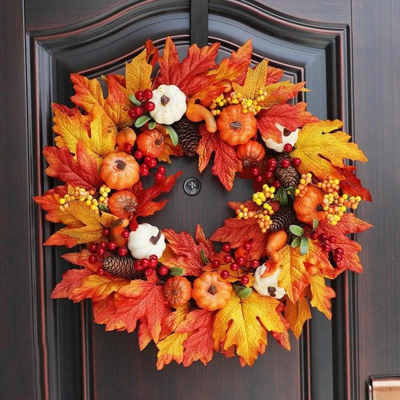 Thanksgiving Wreath with Berries, Pine Cones, Pumpkins & Maple Leaves