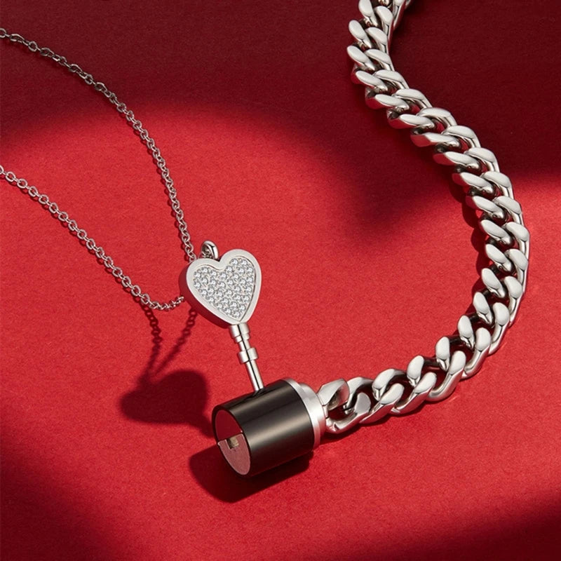 His and Hers Matching Couple Bracelet Necklace Set β Lock & Key Pendant Jewelry