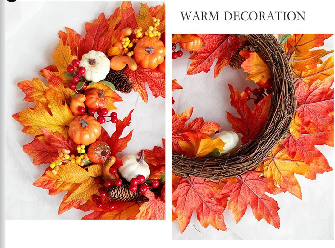Thanksgiving Wreath with Berries, Pine Cones, Pumpkins & Maple Leaves