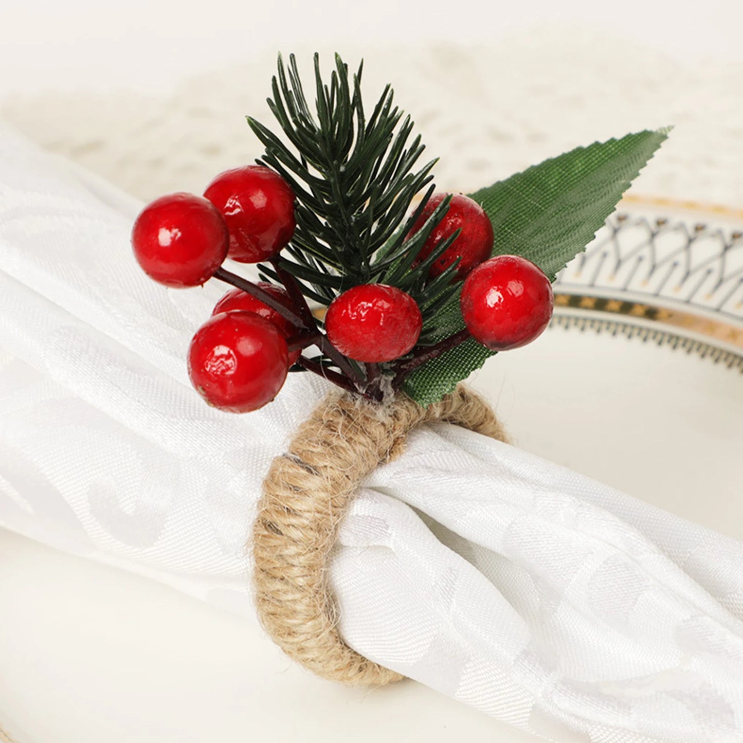 Napkin Rings- Christmas Holly Berries & Pinecones